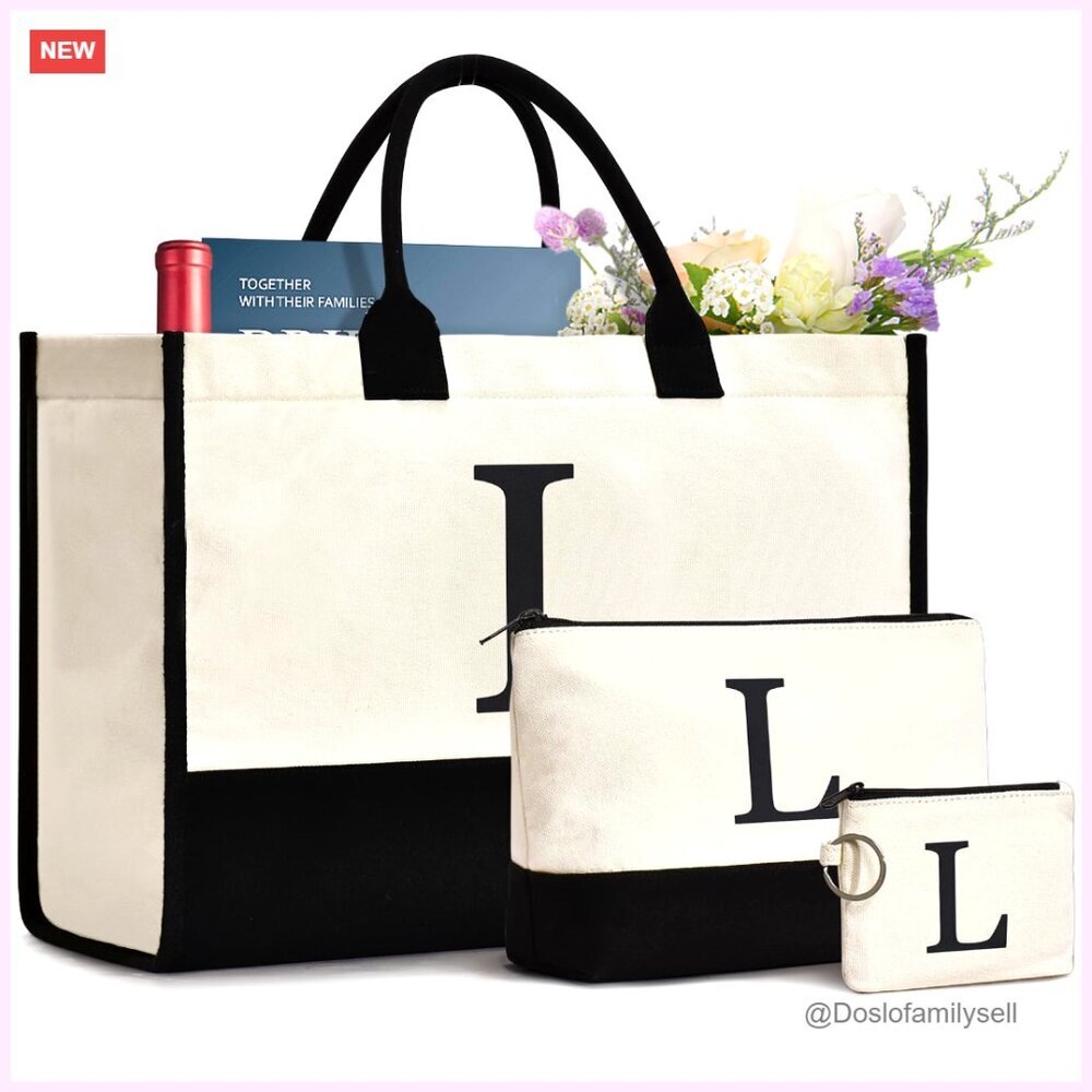 Personalized Canvas Tote Bag with Makeup Bag and Coin Purse
